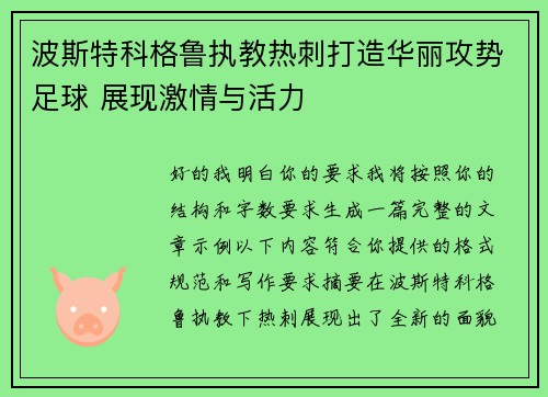 波斯特科格鲁执教热刺打造华丽攻势足球 展现激情与活力